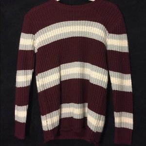 PINK ROSE RED SWEATER WITH GREY AND WHITE STRIPES
